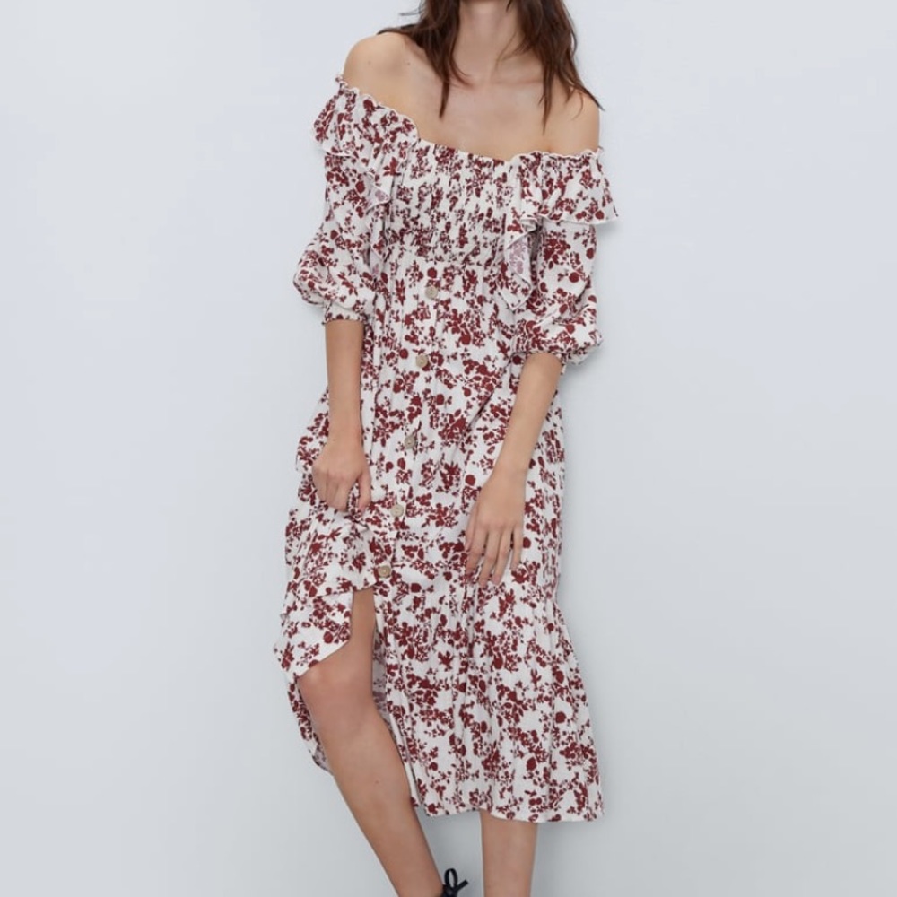 Zara off the shoulder rustic printed dress